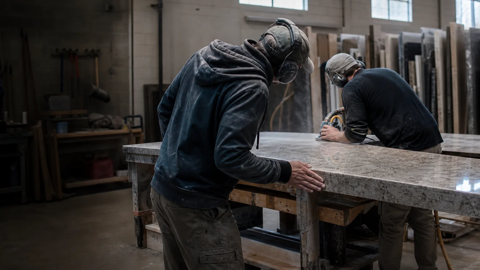 Stone craftspeople finishing a custom countertop in a fabrication workshop