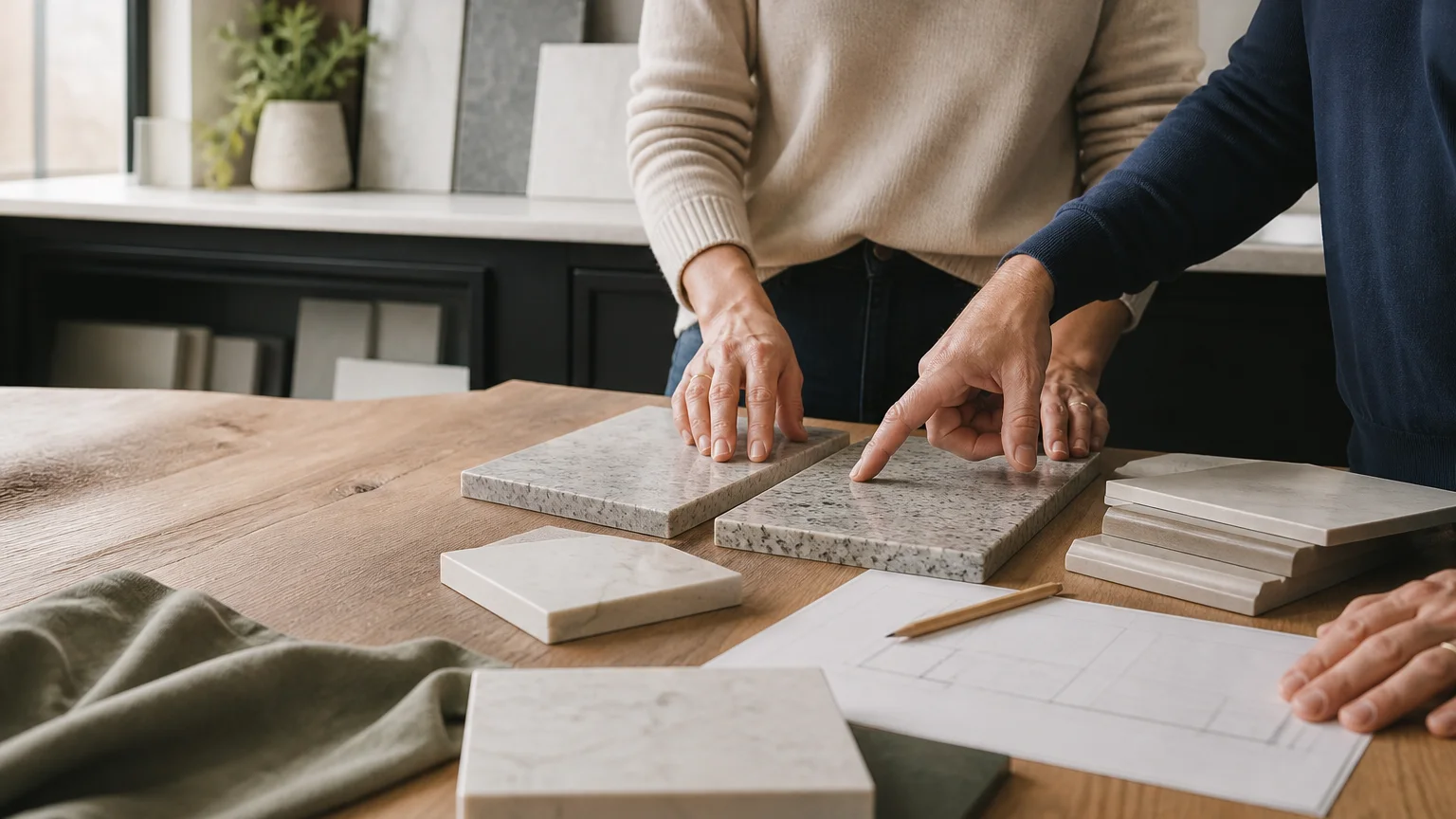 A homeowner and stone specialist reviewing countertop samples and edge profiles