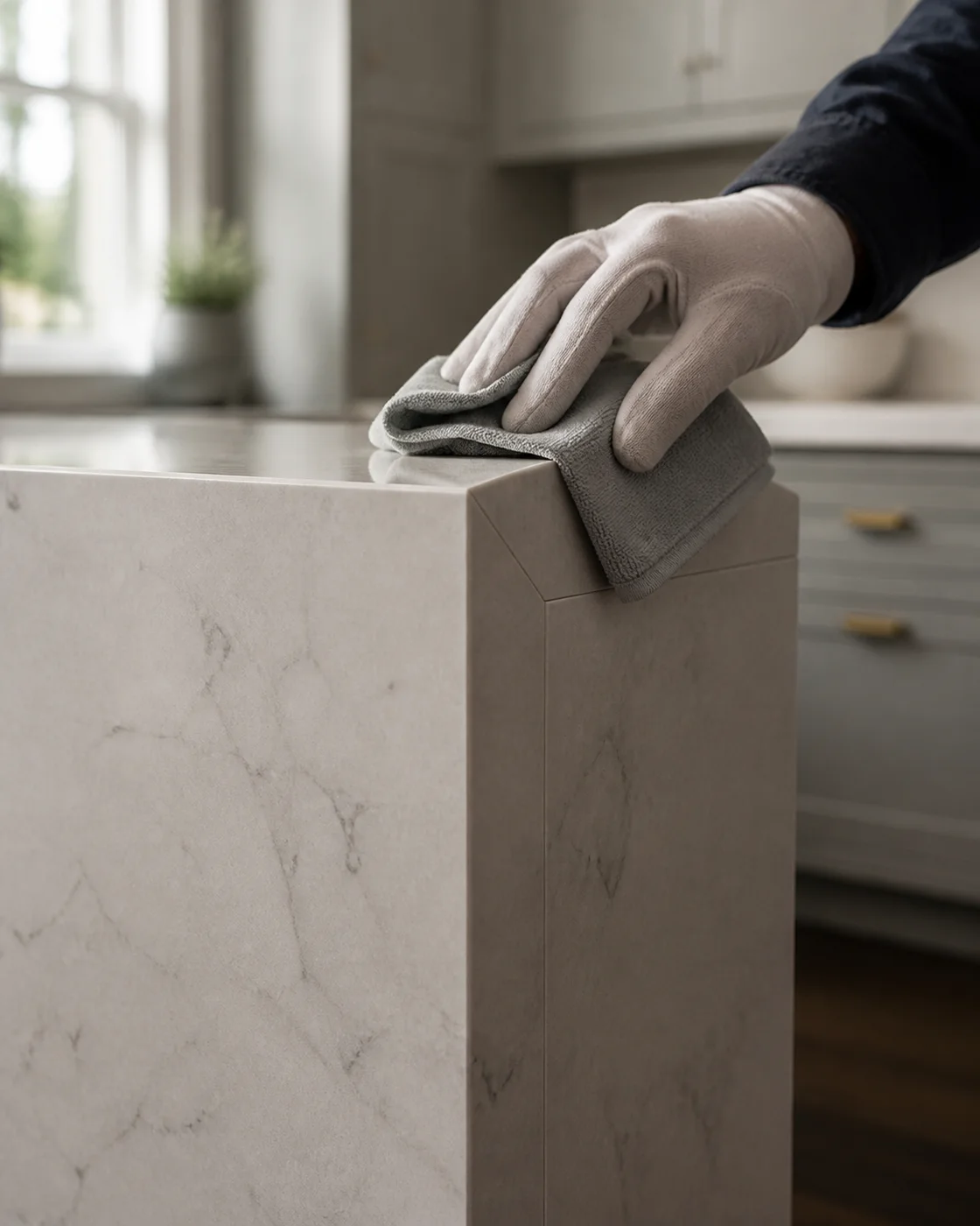 A craftsperson making a final inspection of a precisely mitered stone edge