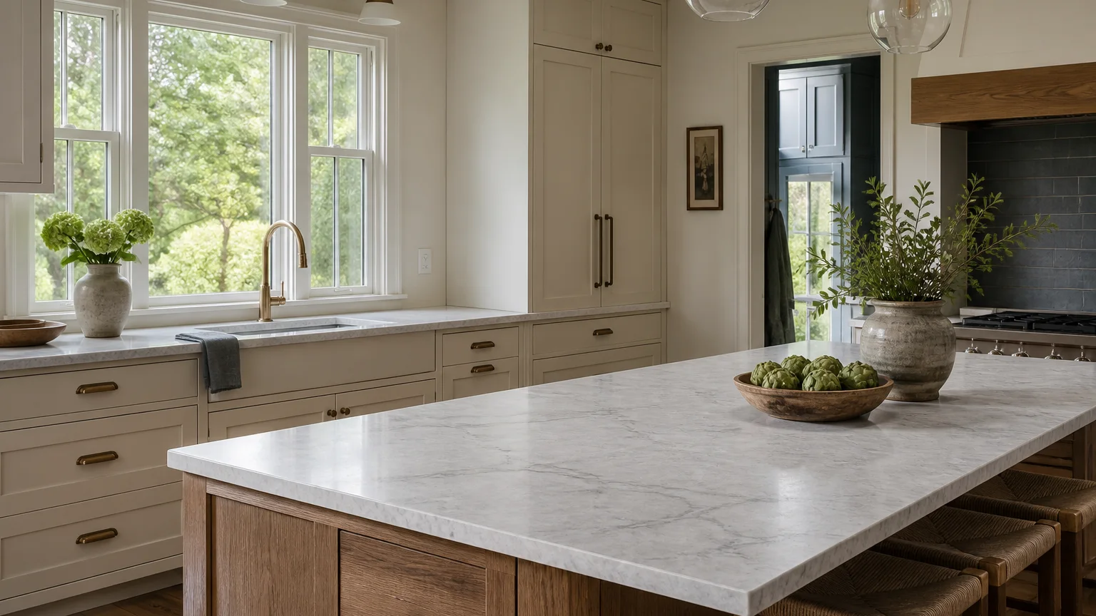 Custom marble kitchen countertops in a New England colonial home